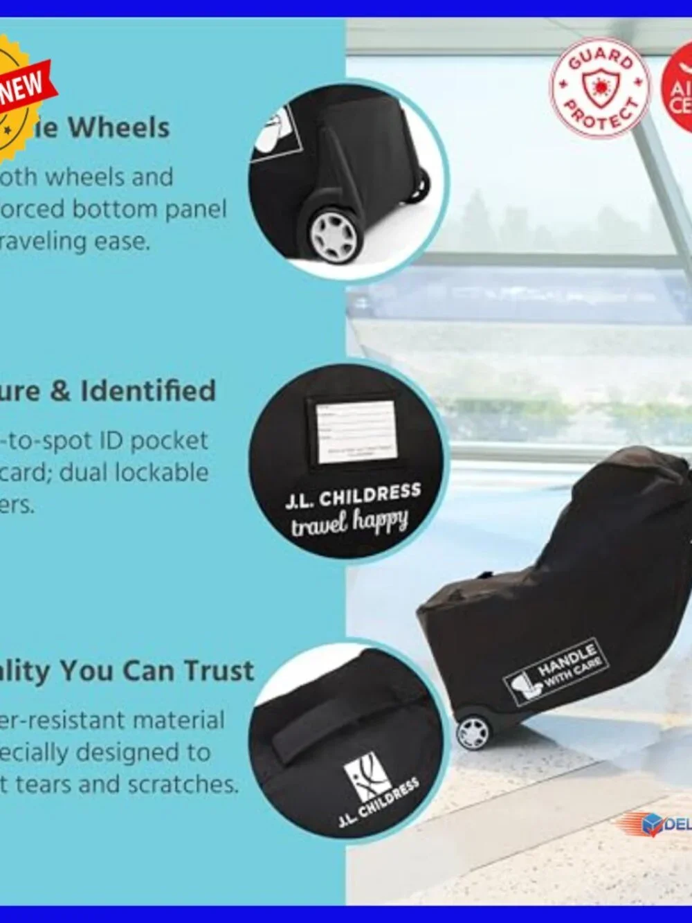 Padded Infant Car Seat Travel Bag with Wheels, Backpack Straps, AirTag